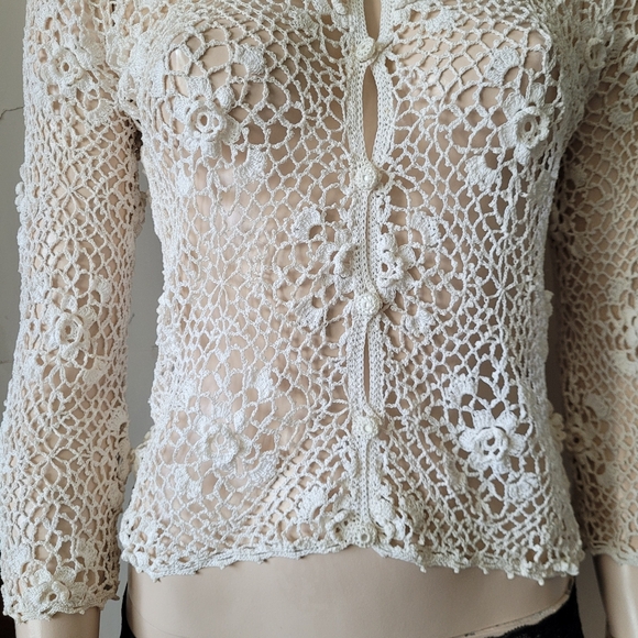 Vintage 60s Elegant Lace Crochet Cardigan Off-white Small - Picture 4 of 13